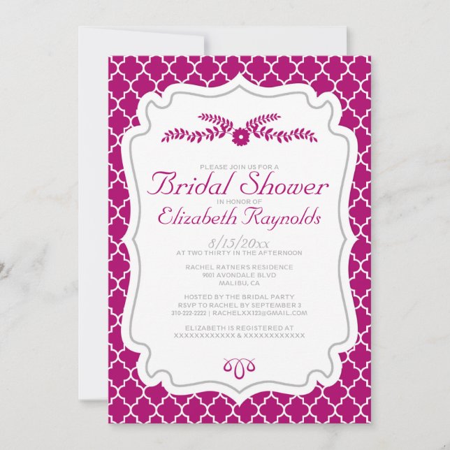 Fuchsia Quatrefoil Bridal Shower Invitations (Front)
