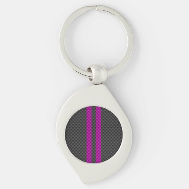Fuchsia Racing Stripes in Carbon Fibre Style Keychain (Front)