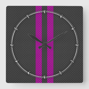 Fuchsia Racing Stripes in Carbon Fibre Style Square Wall Clock