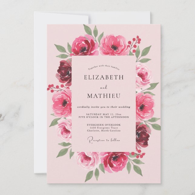 Fuchsia Ranunculus Soft Eucalyptus Wedding Invitation (Front)