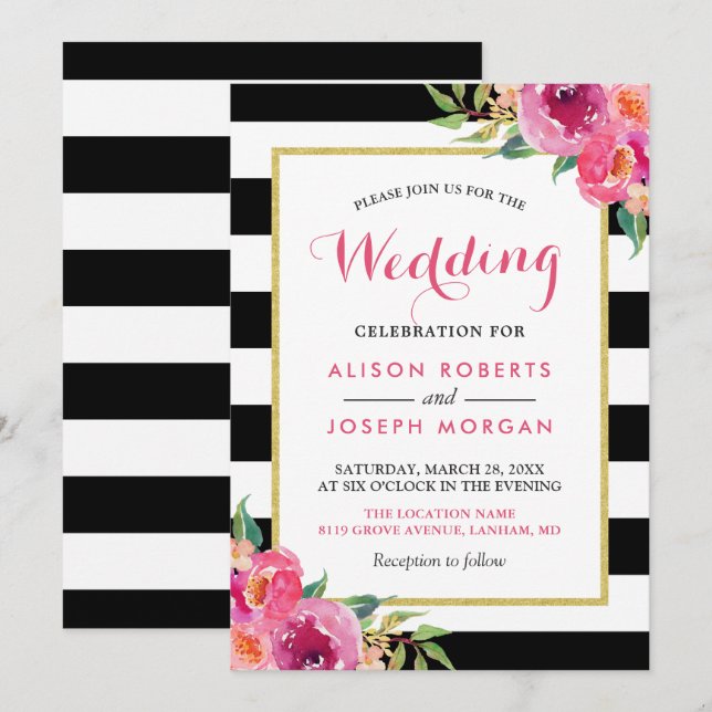 Fuchsia Raspberry Floral Stripes Modern Wedding Invitation (Front/Back)