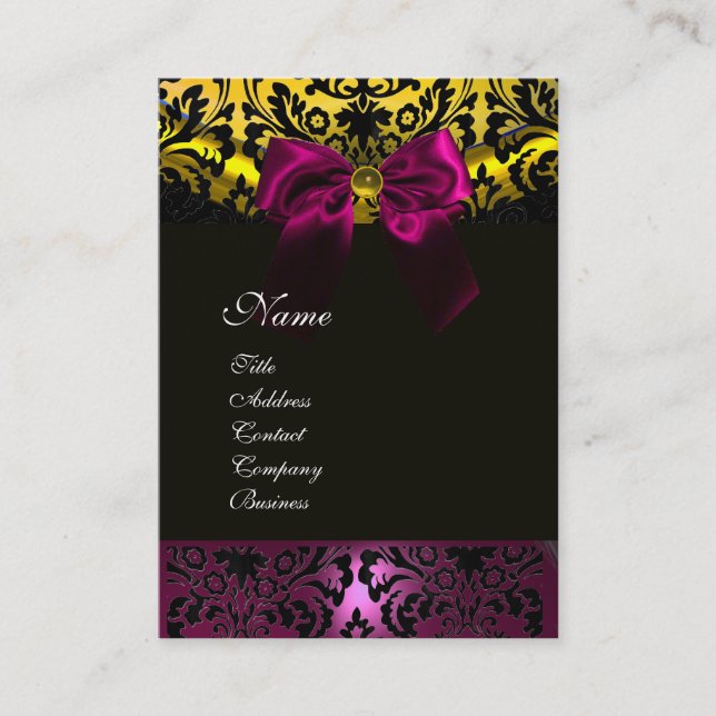 FUCHSIA  RIBBON BLACK GOLD YELLOW  DAMASK MONOGRAM BUSINESS CARD (Front)
