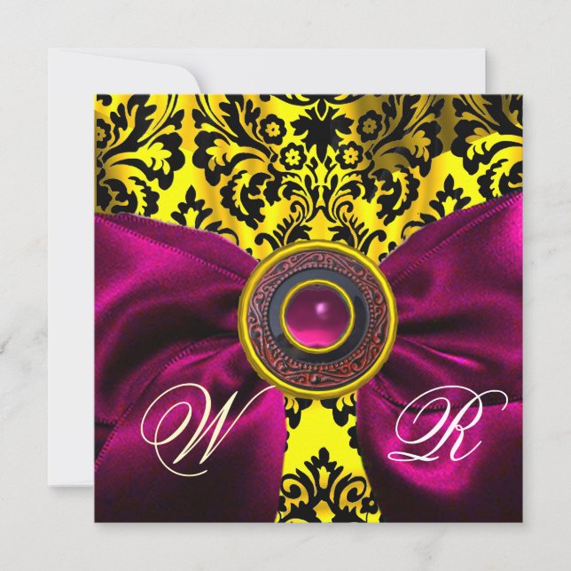 FUCHSIA RIBBON GOLD YELLOW  BLACK  DAMASK MONOGRAM INVITATION (Front)