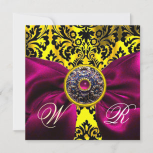 FUCHSIA RIBBON GOLD YELLOW  BLACK  DAMASK MONOGRAM INVITATION