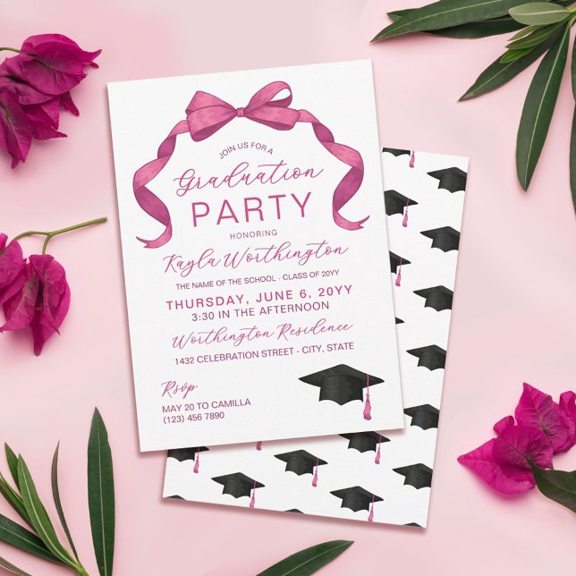 Fuchsia Rose Pink Bow No Photo Graduation Invitation (Creator Uploaded)