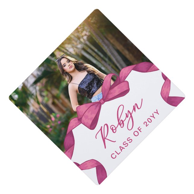 Fuchsia Rose Pink Bow Photo Girly Graduation Graduation Cap Topper (Front)