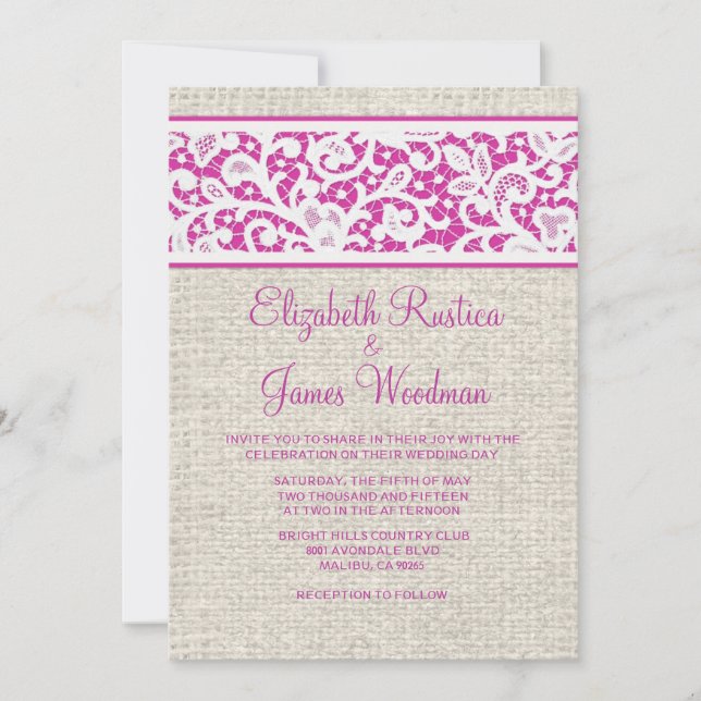 Fuchsia Rustic Burlap & Linen Wedding Invitations (Front)