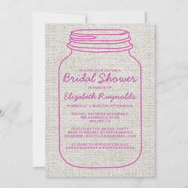 Fuchsia Rustic Mason Jar Bridal Shower Invitations (Front)