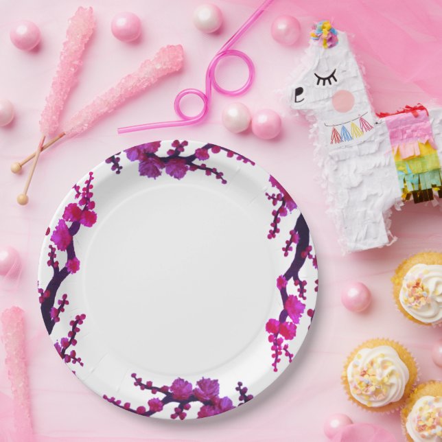 Fuchsia Sakura Blossoms Painting Paper Plate (Party)