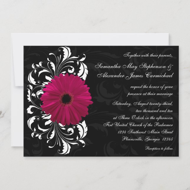 Fuchsia Scroll Gerbera Daisy w/Black and White Invitation (Front)