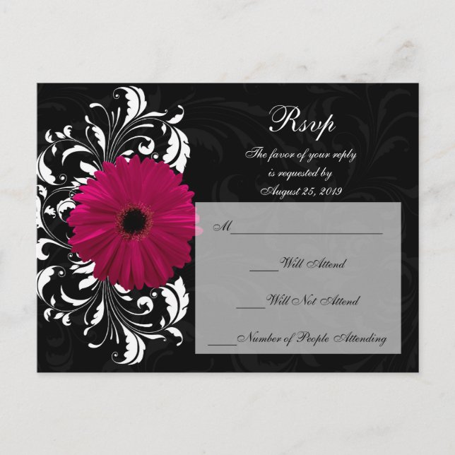 Fuchsia Scroll Gerbera Daisy w/Black and White Invitation Postcard (Front)