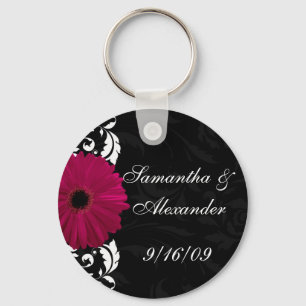 Fuchsia Scroll Gerbera Daisy w/Black and White Keychain