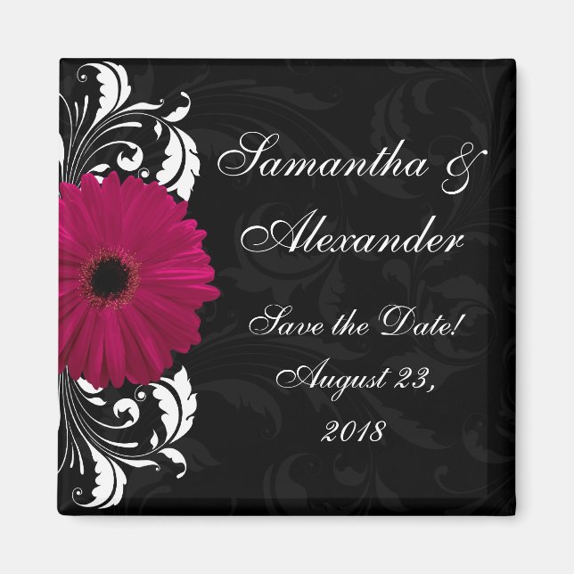 Fuchsia Scroll Gerbera Daisy w/Black and White Magnet (Front)