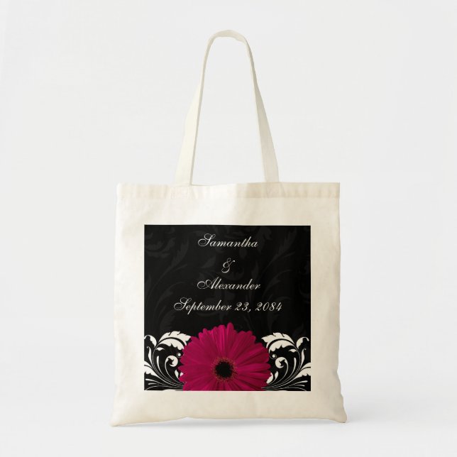 Fuchsia Scroll Gerbera Daisy w/Black and White Tote Bag (Front)