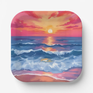 Fuchsia Shore Sunset   Ocean Waves Watercolor Paper Plate