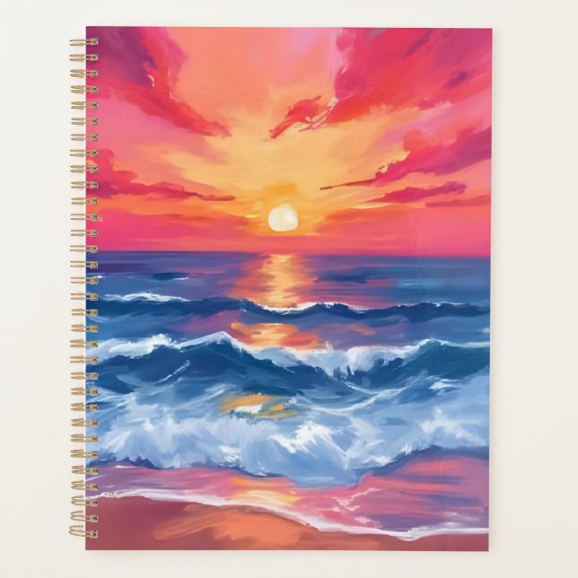 Fuchsia Shore Sunset | Ocean Waves Watercolor Planner (Front)