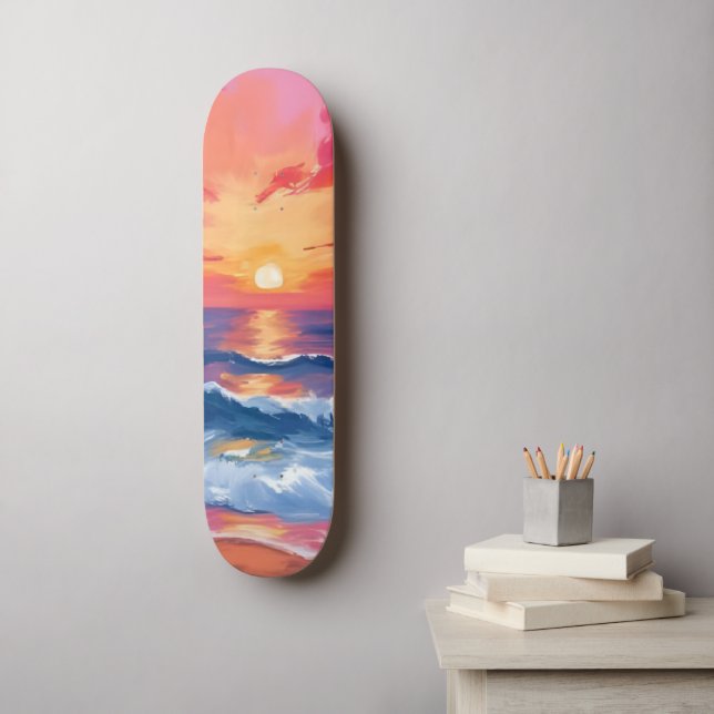 Fuchsia Shore Sunset | Ocean Waves Watercolor Skateboard (Wall Art)