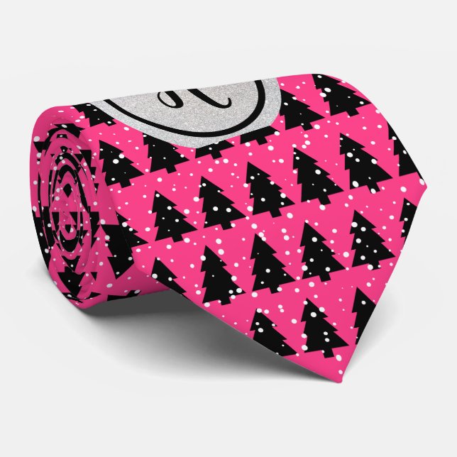 Fuchsia Silver Black Monogram Christmas Tree  Tie (Rolled)