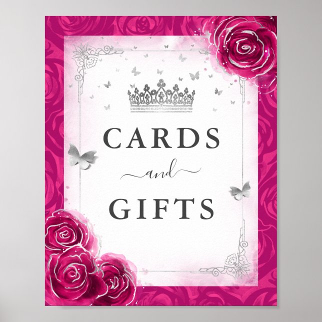 Fuchsia Silver Cards and Gifts Tabletop Party Sign (Front)