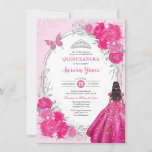 Fuchsia Silver Quinceañera Flower 15th Birthday Invitation