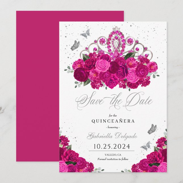 Fuchsia & Silver Tiara Save The Date Quinceañera Invitation (Front/Back)