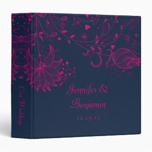Fuchsia Sketched Flowers on Navy Wedding Album Binder