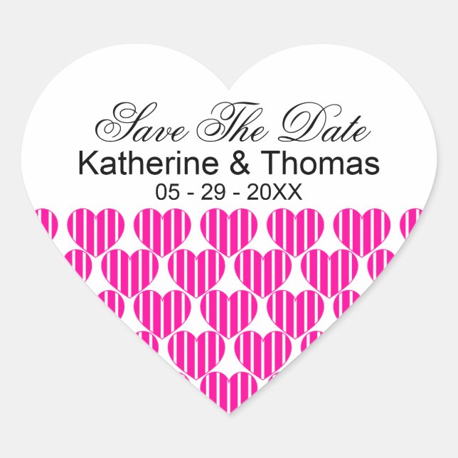 Fuchsia Striped Hearts Save The Date Stickers (Front)