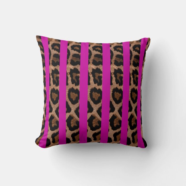 Fuchsia Striped Leopard Print Throw Pillow (Front)