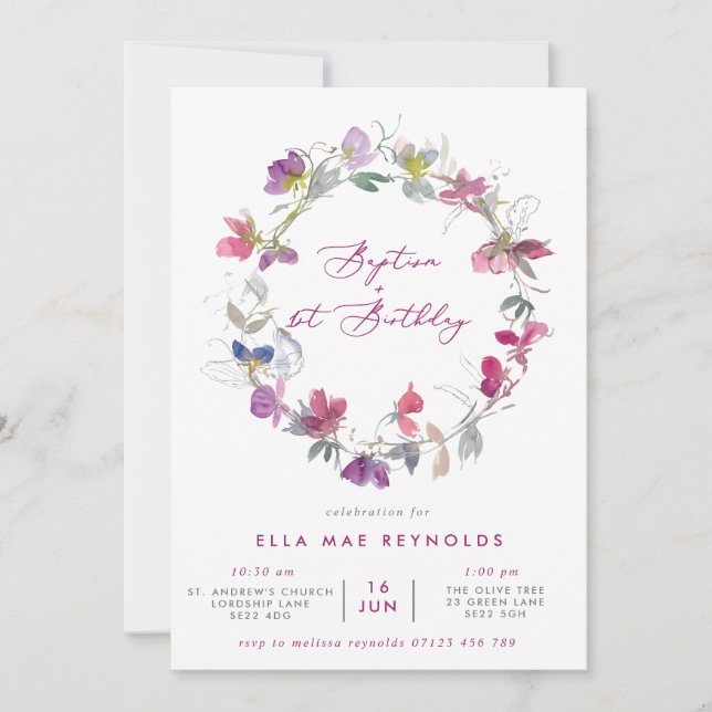 Fuchsia Sweet Pea Wreath Baptism & 1st Birthday In Invitation (Front)
