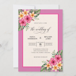 Fuchsia Tropical Hibiscus Eucalyptus Wedding Invitation