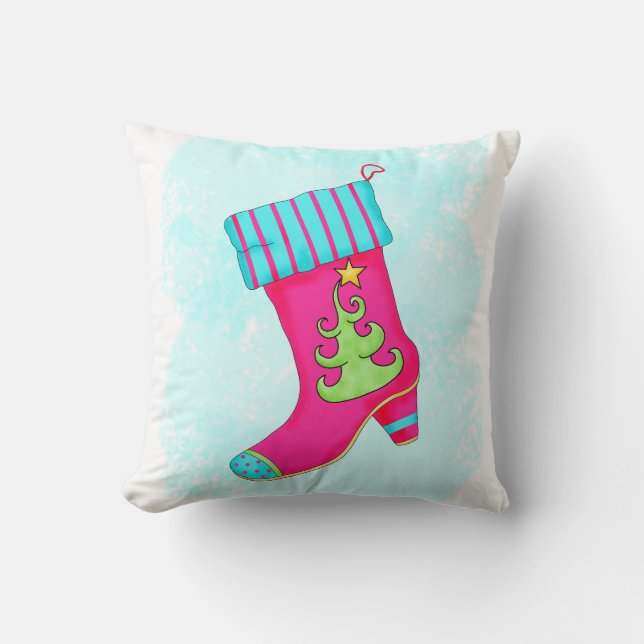 Fuchsia Turquoise Christmas Stocking Decorative Throw Pillow (Front)