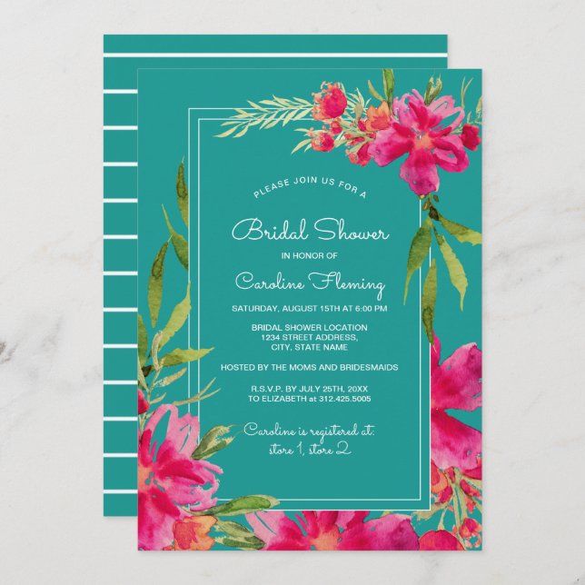 Fuchsia Turquoise Floral Watercolor Bridal Shower Invitation (Front/Back)