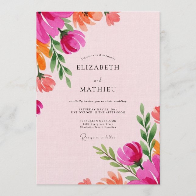 Fuchsia Vibrant Floral Whimsy Wedding Invitation (Front)