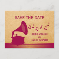 Fuchsia Vintage Gramophone Save the Date Postcard