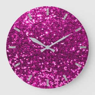 Fuchsia Vivid Bright Pink Rose Glitter Silver Grey Large Clock