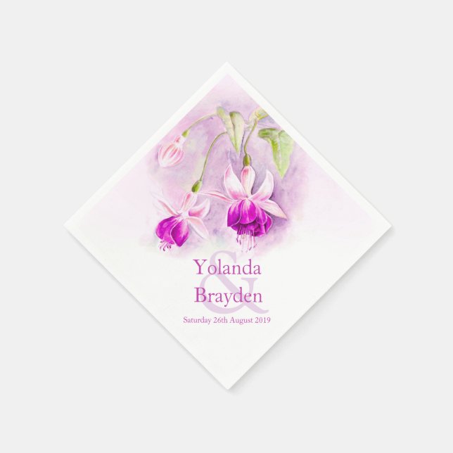Fuchsia watercolor purple pink wedding napkins (Corner)