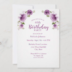 Fuchsia Watercolor Roses and Peonies 40th Birthday Invitation
