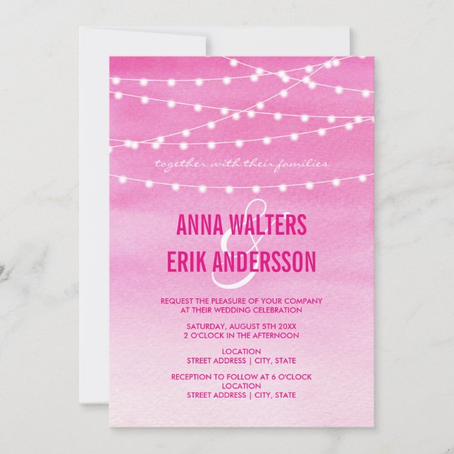 Fuchsia Watercolor String Lights Invitation (Front)