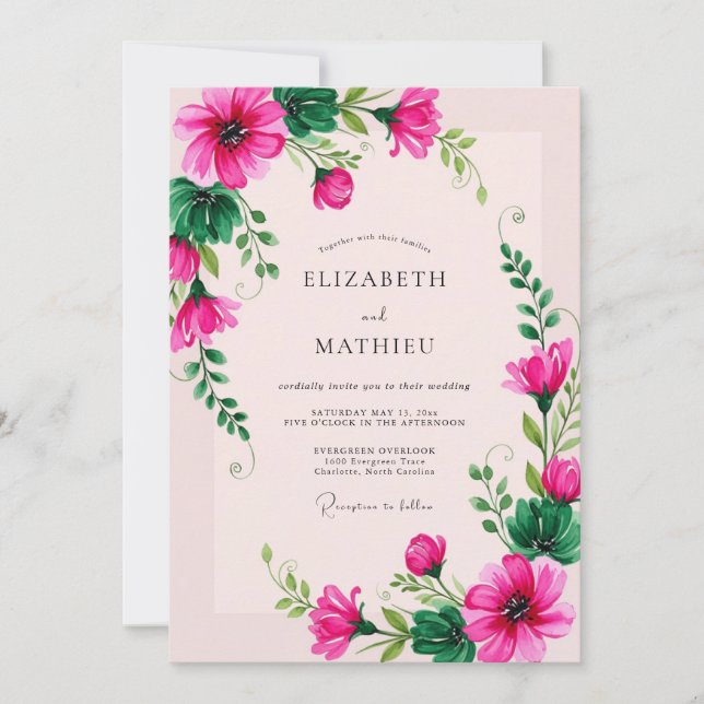 Fuchsia Whimsical Botanical Spring Wedding Invitation (Front)