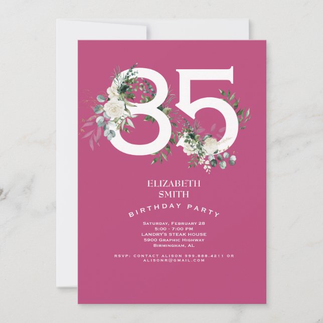 Fuchsia White Floral Elegant 85th Birthday Party  Invitation (Front)