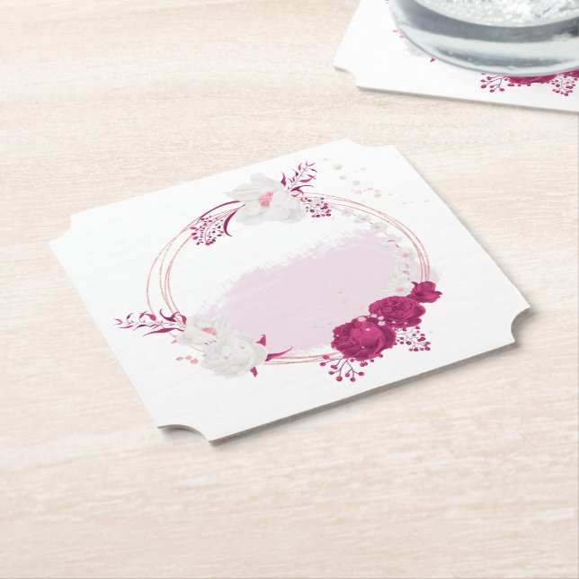 fuchsia & white floral wedding paper coaster (Angled)