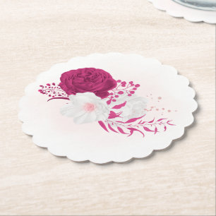 fuchsia & white floral wedding paper coaster