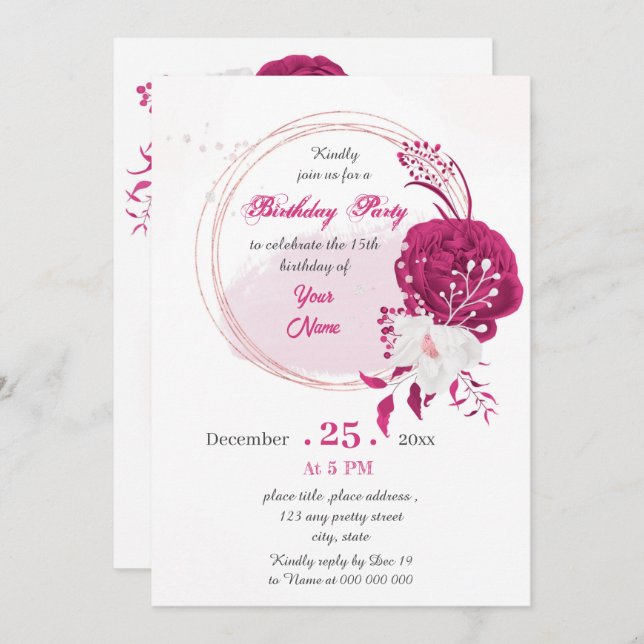 fuchsia & white floral wreath birthday party invitation (Front/Back)