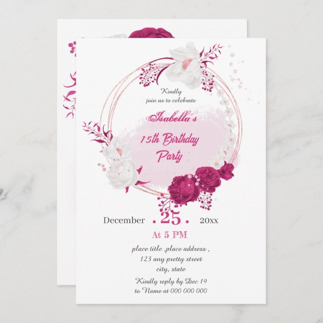fuchsia & white floral wreath birthday party invitation (Front/Back)