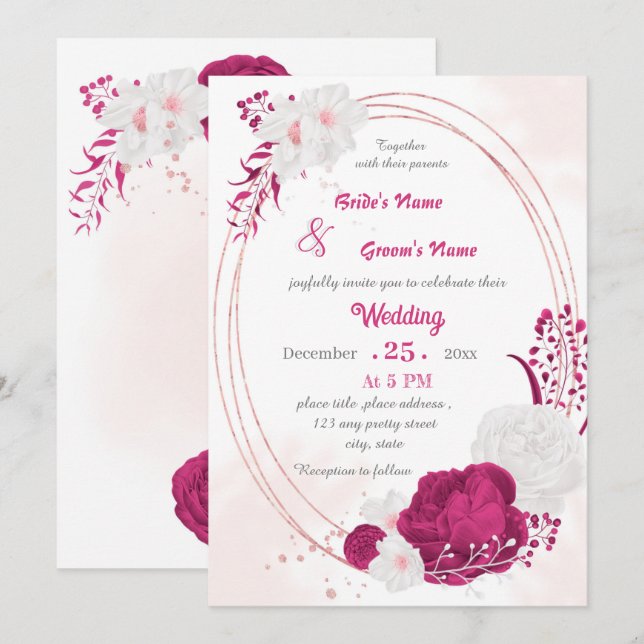 fuchsia & white floral wreath wedding invitation (Front/Back)