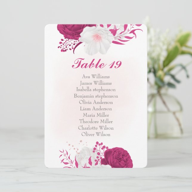 fuchsia white flowers botanical seating chart card (Standing Front)