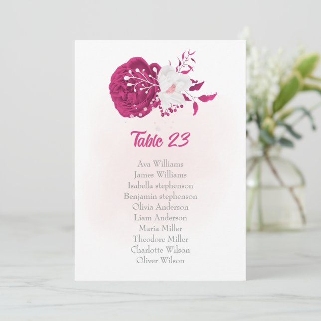 fuchsia white flowers botanical seating chart card (Standing Front)