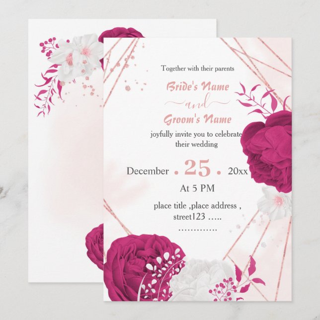 fuchsia white flowers  geometric wedding invitation (Front/Back)