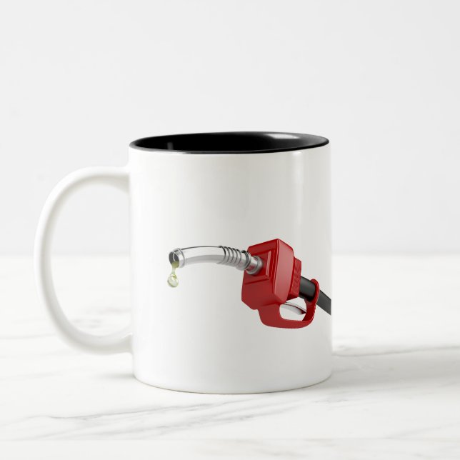 Fuel pump nozzle with last drop of fuel Two-Tone coffee mug (Left)