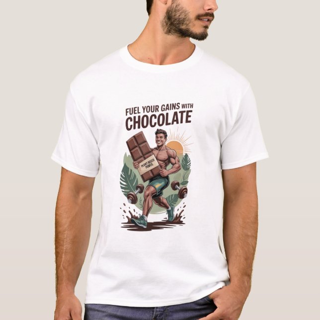 Fuel Your Gains with Chocolate T-Shirt Funny Vegan (Front)